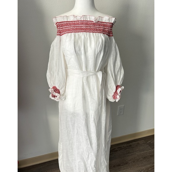 Lisa Marie Fernandez Dresses & Skirts - Lisa Marie Fernandez Off Linen Red Embroidered Dress Cottagecore Luxury Farm